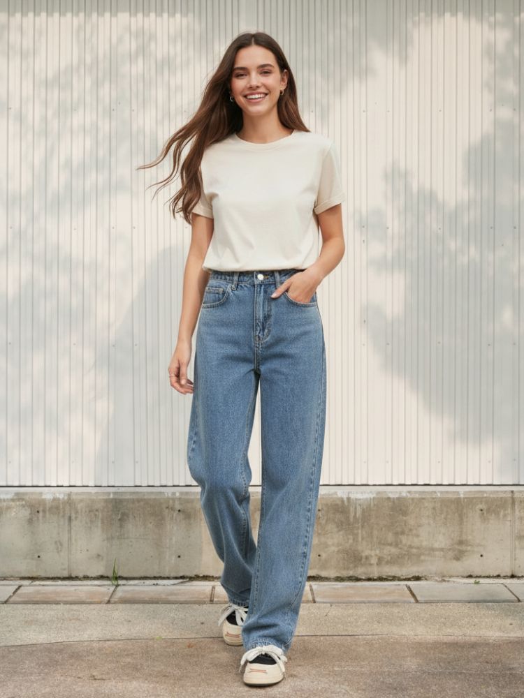Femme rousse portant un t-shirt blanc avec un jean large taille haute bleu sur fond clair