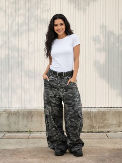Femme portant un t-shirt blanc et un jean baggy à imprimé militaire dans des coloris gris, sur fond clair