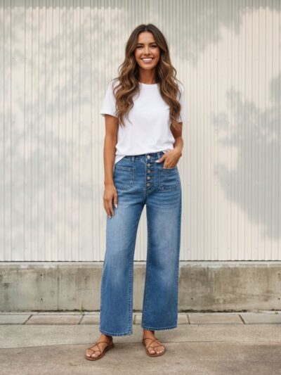 Femme brune portant un t-shirt blanc et un jean bleu court et délavé, sur fond clair