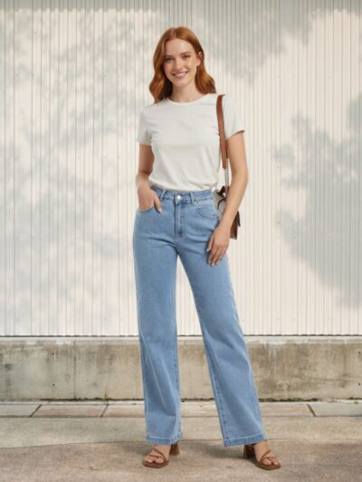 Femme rousse portant un t-shirt beige et un jean droit bleu ciel, sur fond clair