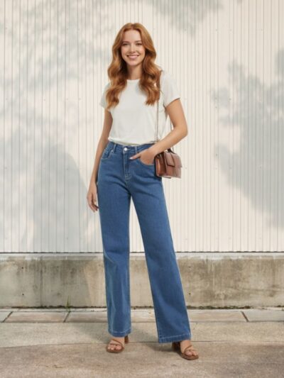 Jean droit femme bleu taille haute