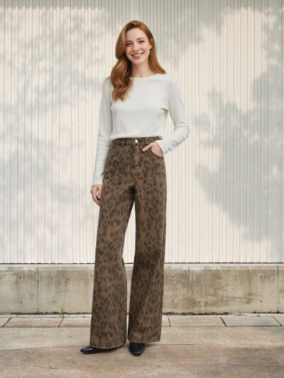 Femme rousse portant une blouse blanche et un jean flare taille haute à motif léopard dans des tons marrons, sur fond clair