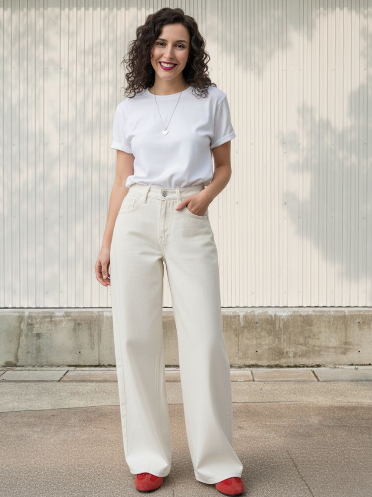 Femme brune portant un t-shirt blanc et un jean blanc taille haute et à coupe large, sur fond clair