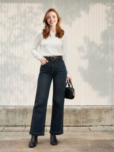 Femme rousse portant un haut blanc et un jean large délavé avec des surpiqûres, sur fond clair