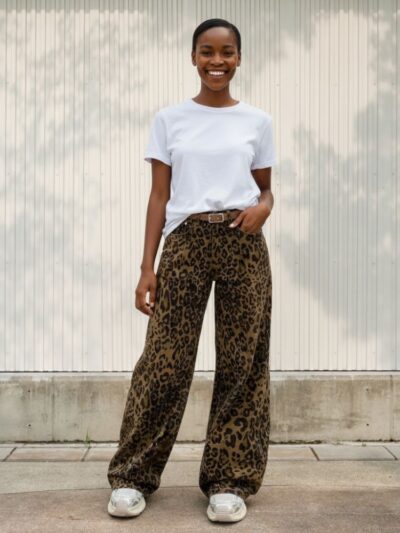 Femme noire portant un t-shirt blanc et un jean large kaki à motif léopard, sur fond clair