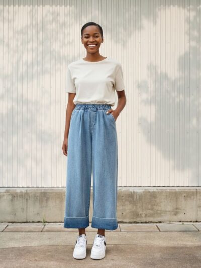 Femme noire portant un t-shirt blanc et un jean large avec des ourlets et un élastique à la taille, sur fond clair