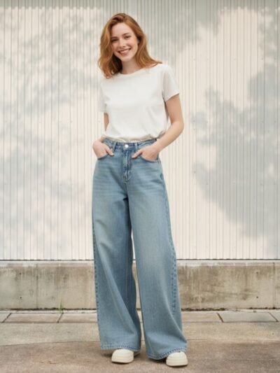Femme rousse portant un t-shirt blanc et un jean ultra wide leg sur fond clair