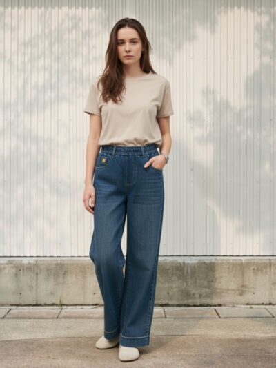 Femme portant un t-shirt gris avec un jean ample à la taille élastique bleu, sur fond clair