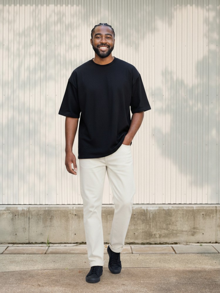 Un homme de couleur portant un t-shirt noir oversize et un jean droit blanc au style minimal et épuré dans un lieu ensoleillé.