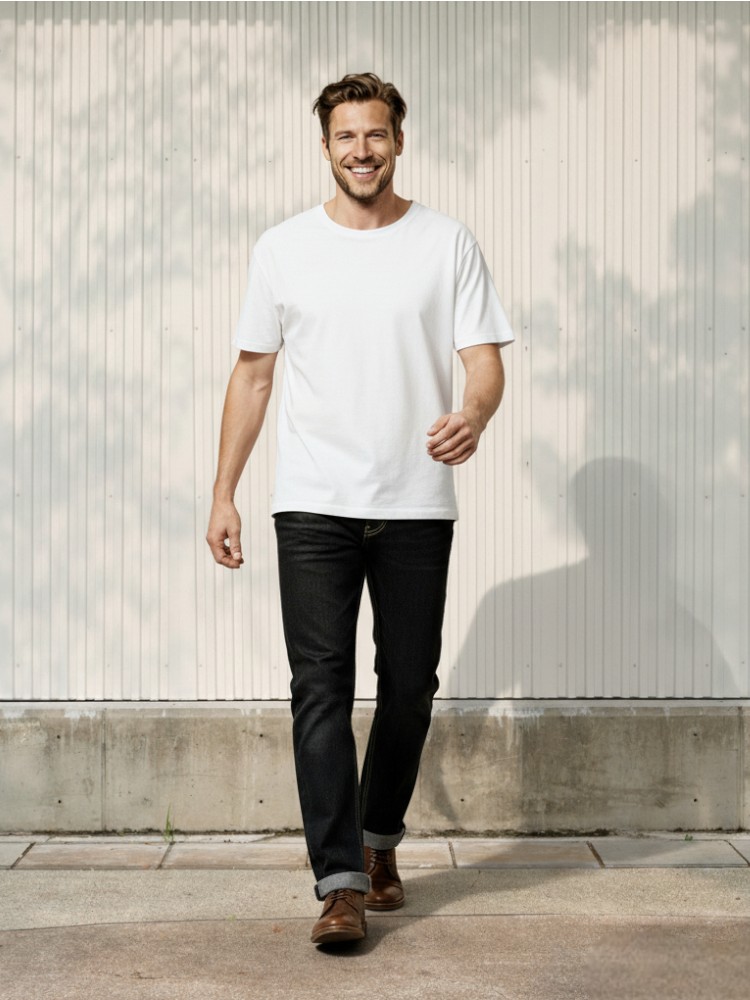 Homme caucasien blond habillé d'un t-shirt blanc oversize, d'un jean droit noir à coupe classique et intemporel, avec des bottines marron dans un environnement ensoleillé et clair.