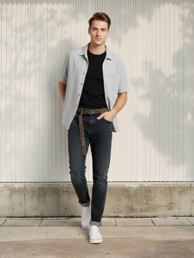 Jeune homme portant une chemise grise à manche courte, un t-shirt noir et un jean fuselé gris foncé avec ceinture intégrée dans un lieu éclairé.