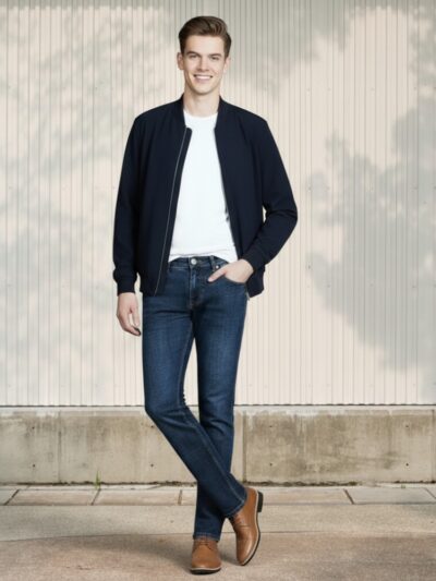 Homme caucasien vêtu d'un t-shirt blanc, d'un blouson bleu marine et d'un jean regular bleu foncé polyvalent sur fond clair et ensoleillé.