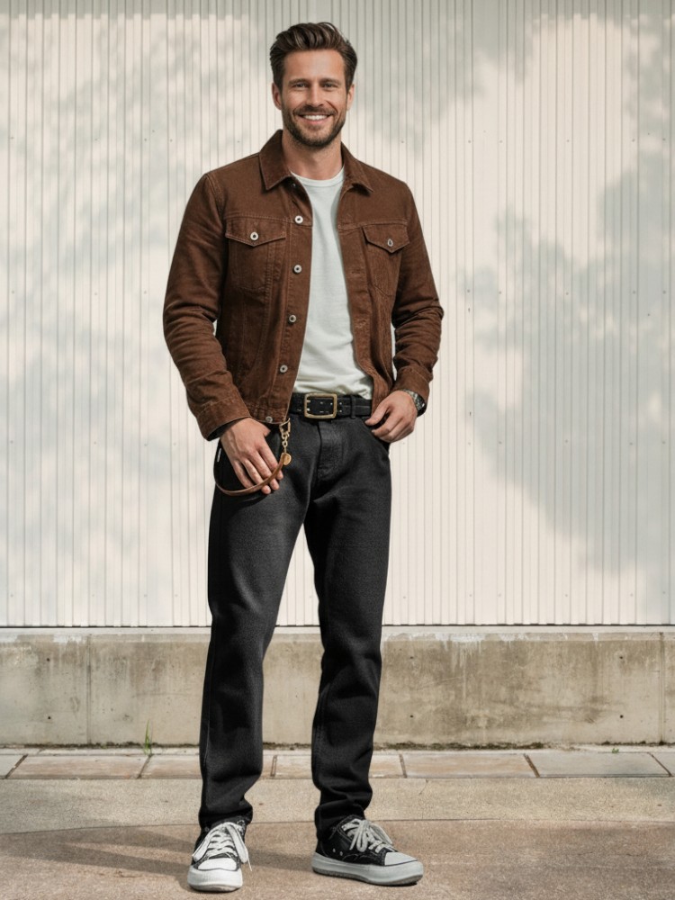 Homme caucasien châtain portant une veste marron et un jean fuselé brut noir à toile dense et une paire de sneakers noire et blanche, dans un lieu ensoleillé.