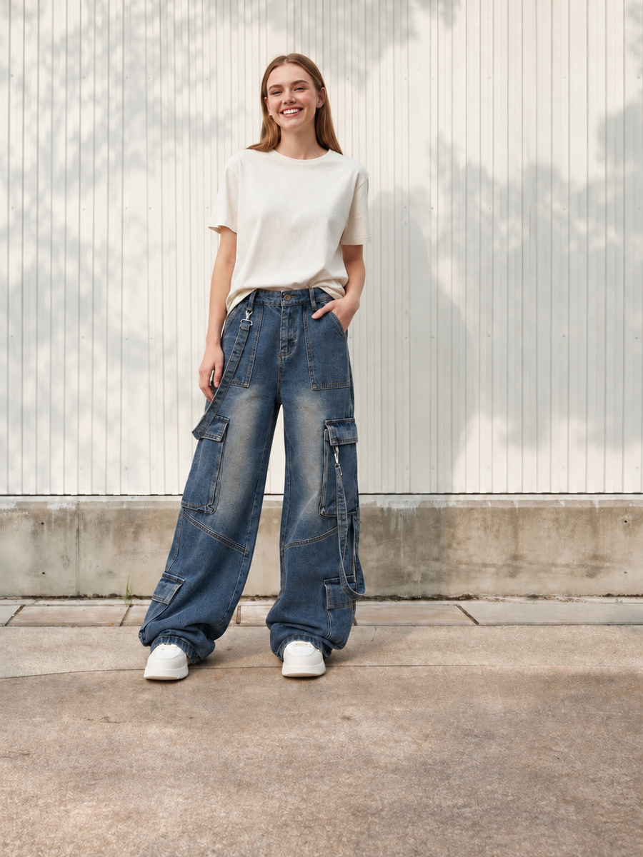 Jean cargo femme ample en denim bleu délavé, porté de face