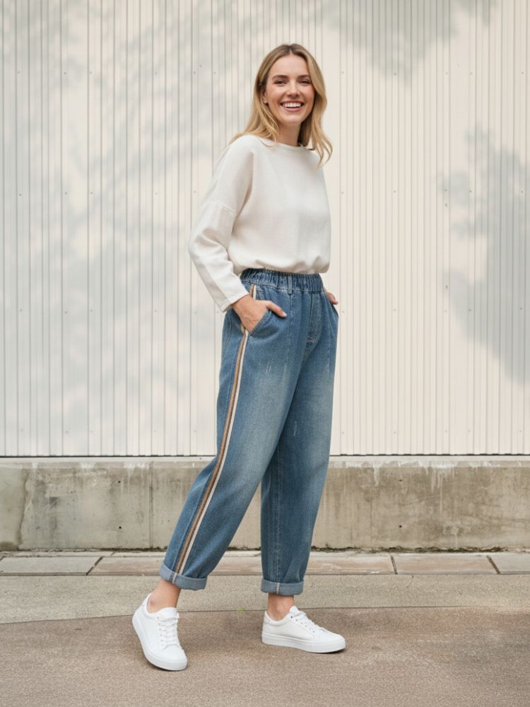 Femme portant un pull blanc à manches longues avec un jean à la taille élastique et avec des bandes colorées sur les côtés, sur fond clair