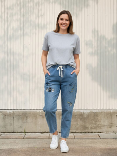 Femme portant un t-shirt gris et un jean ballon avec des broderies, sur fond clair