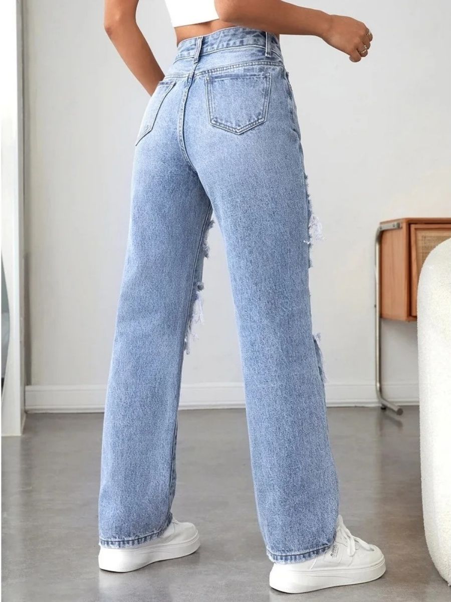 Jean boyfriend taille haute troué et délavé – Image 5