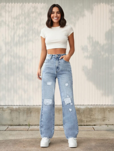 Femme portant un crop top blanc et un jean boyfriend troué bleu ciel à taille haute, sur fond clair
