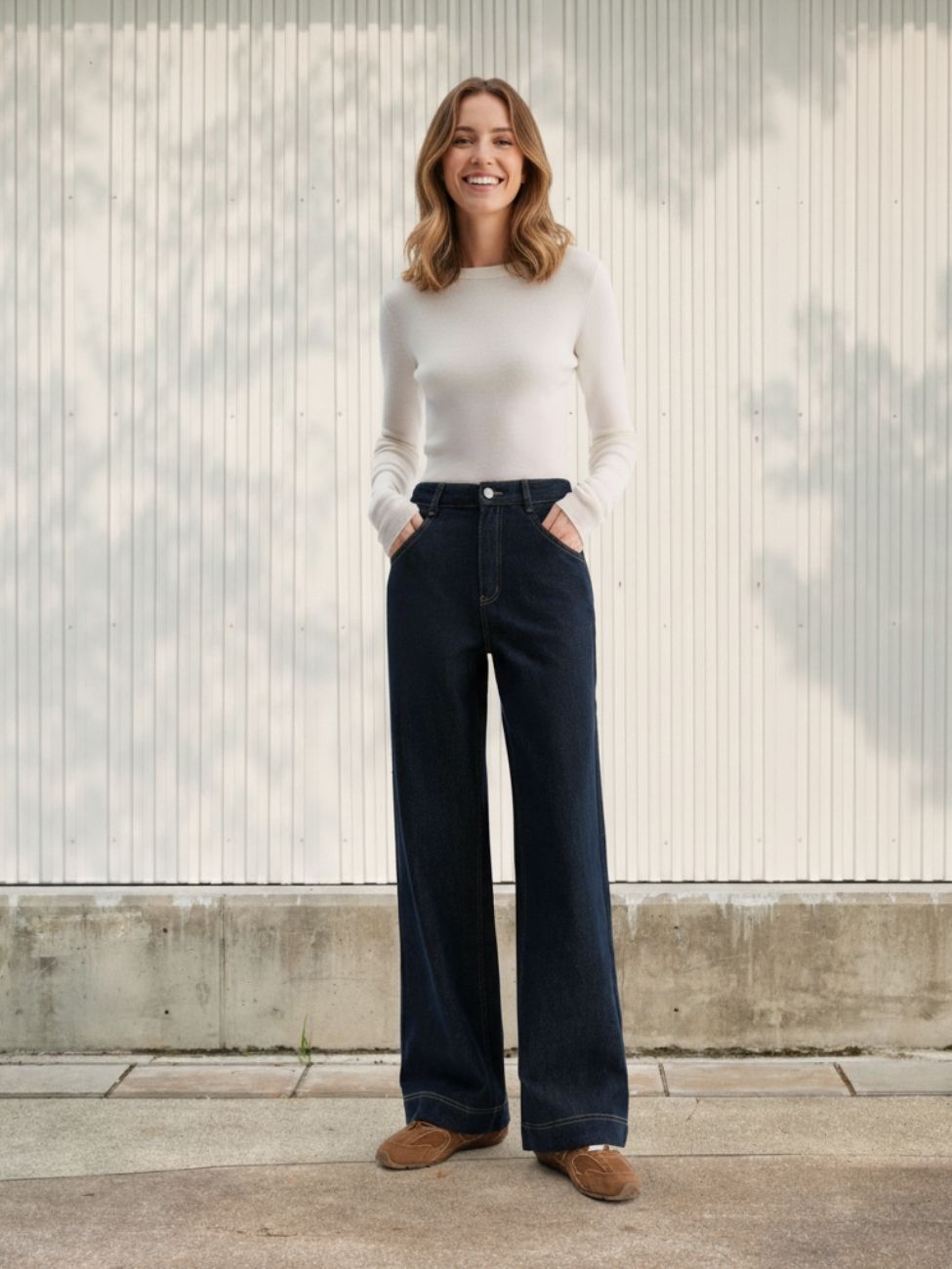 Femme portant un haut blanc avec un jean droit bleu brut à surpiqûres contrastantes, sur fond clair