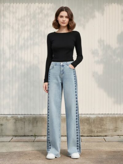 Femme portant un haut noir à manches longues avec un jean taille haute bleu ciel avec des broderies, sur fond clair