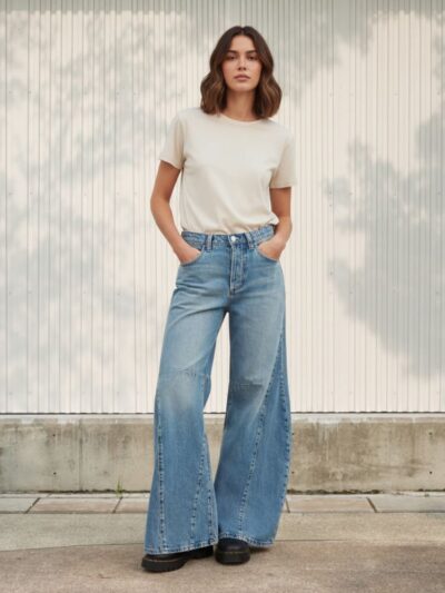 Femme portant un t-shirt blanc et un jean fare très ample au style vintage, sur fond clair