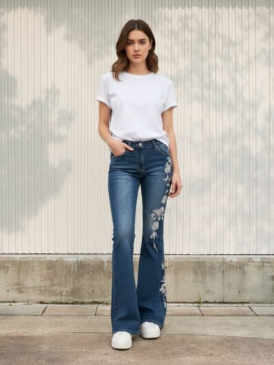 Femme portant un t-shirt blanc et un jean flare au style vintage, avec des broderies de fleurs blanches, sur fond clair