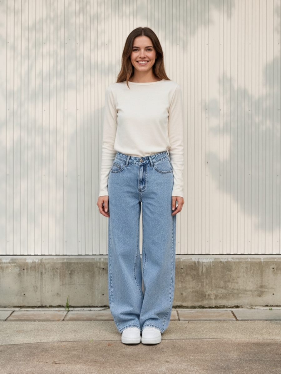 Femme portant un haut blanc à manches longues avec un jean bleu ciel large, sur fond clair