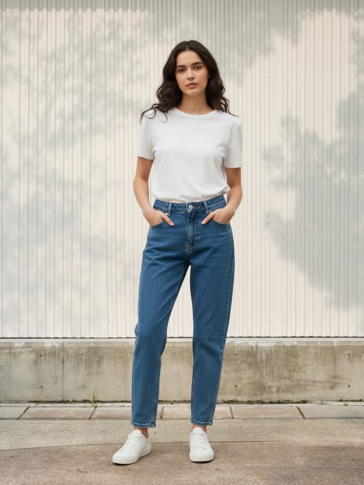 Femme portant un t-shirt blanc et un jean mom bleu au style vintage, sur fond clair