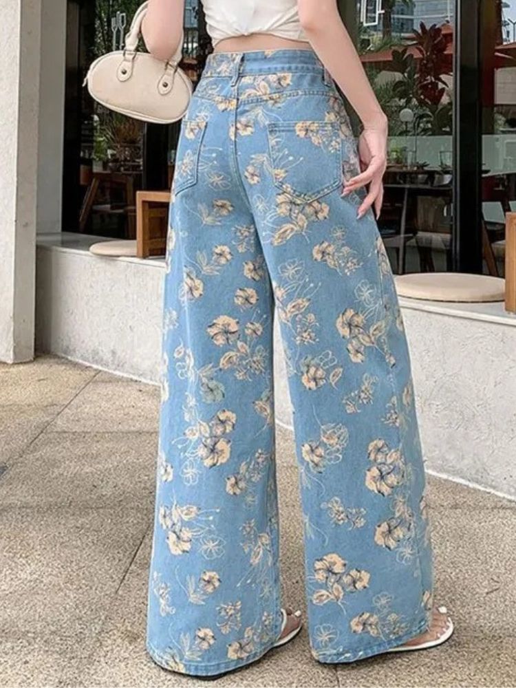 Jean vintage femme wide leg à motif fleurs – Image 3