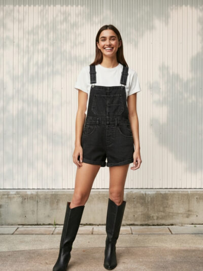 Femme portant une salopette short en jean noir, sur fond clair