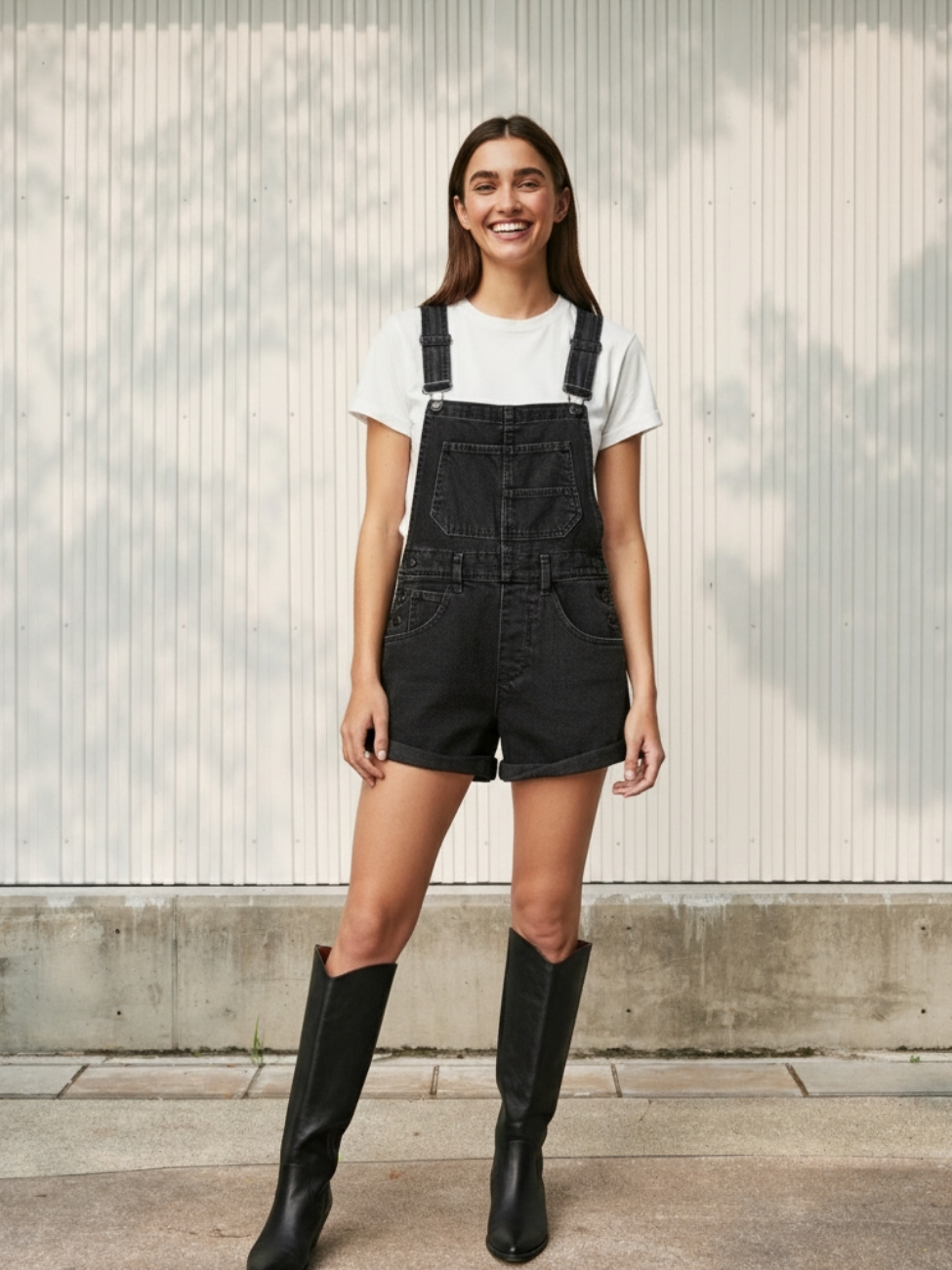 Femme portant une salopette short en jean noir, sur fond clair
