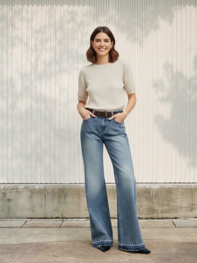 Femme avec un t-shirt beige et un jean flare bleu clair délavé, sur fond clair