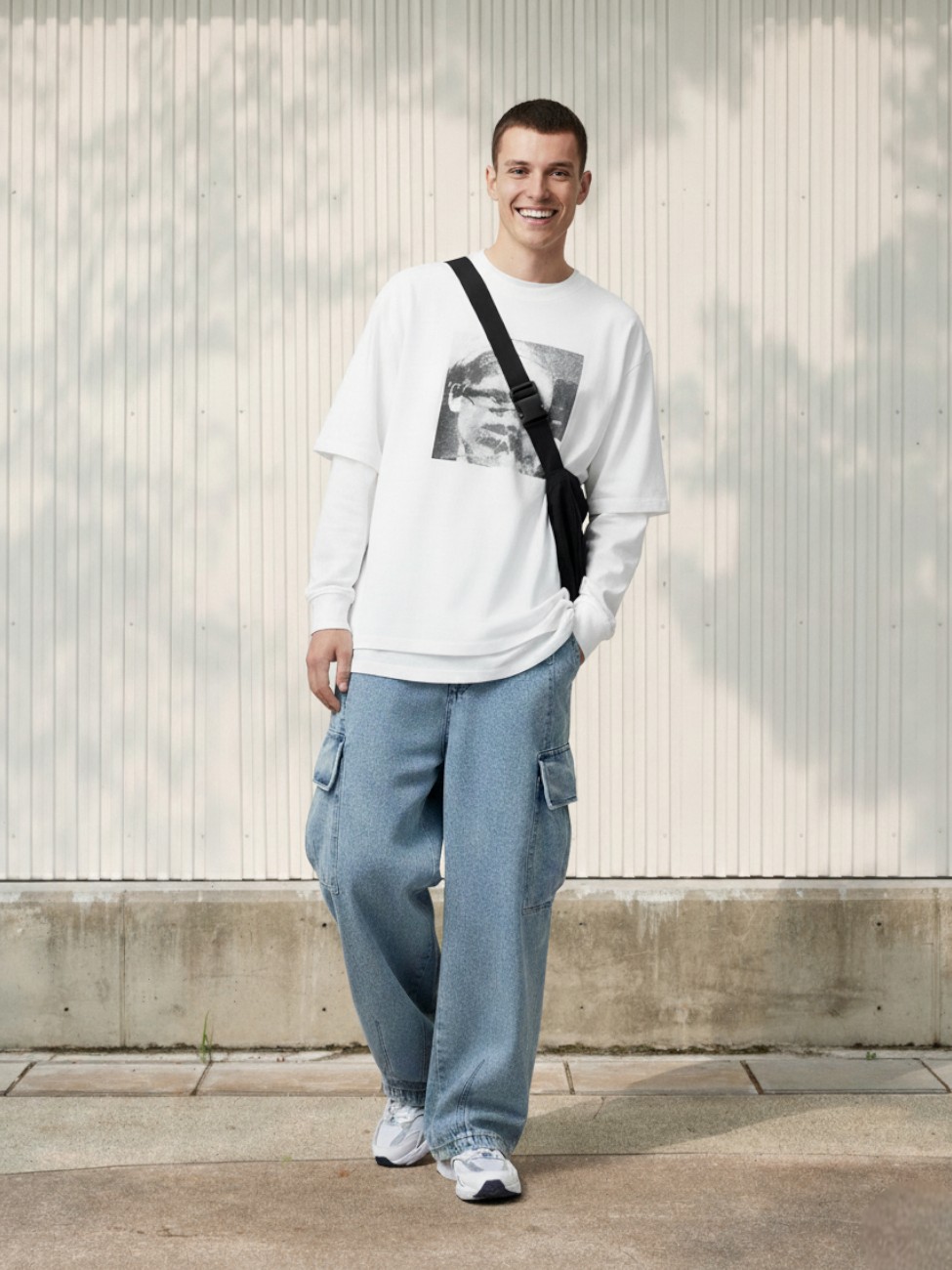 Jeune homme vêtu d'un t-shirt à manches longues blanc et d'un jean baggy cargo doté d'une coupe large et confortable, bleu clair sur fond ensoleillé.