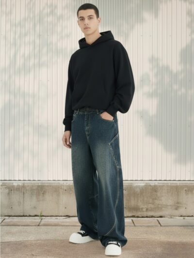 Jeune homme brun de type caucasien, habillé d'un sweat à capuche noir et d'un jean baggy aux poches oversize et coutures contrastées, sur fond clair.