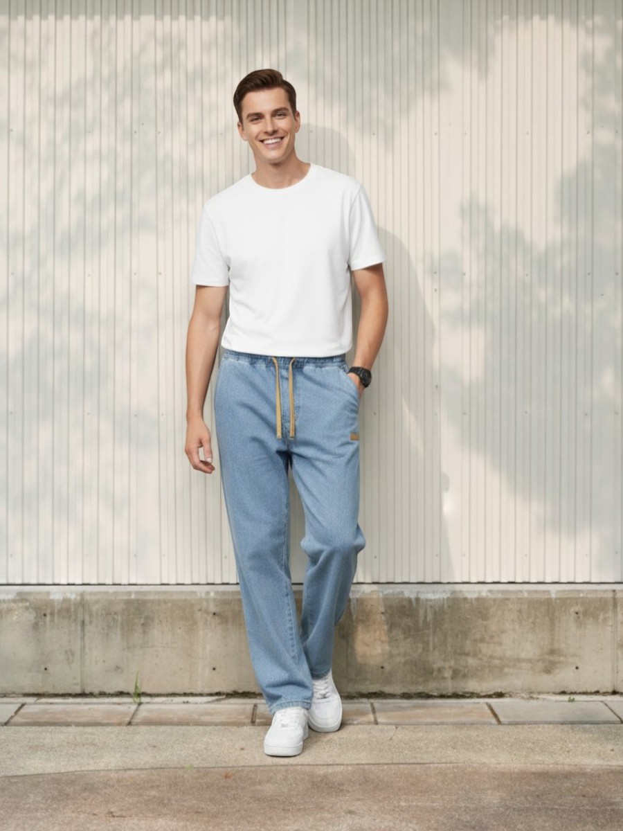 Jeune homme vêtu d'un t-shirt blanc, d'un jean taille élastique coupe droite bleu clair et d'une paire de sneakers blanches, adossé à un mur clair dans un lieu ensoleillé.