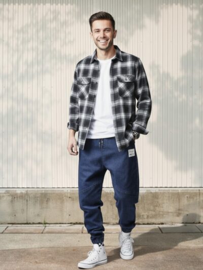 Jeune homme caucasien vêtu d'une chemise à carreaux, d'un t-shirt blanc et d'un jean taille élastique coupe jogger casual bleu foncé avec couture apparente et patch cousu sur la poche avant gauche, dans un lieu ensoleillé.