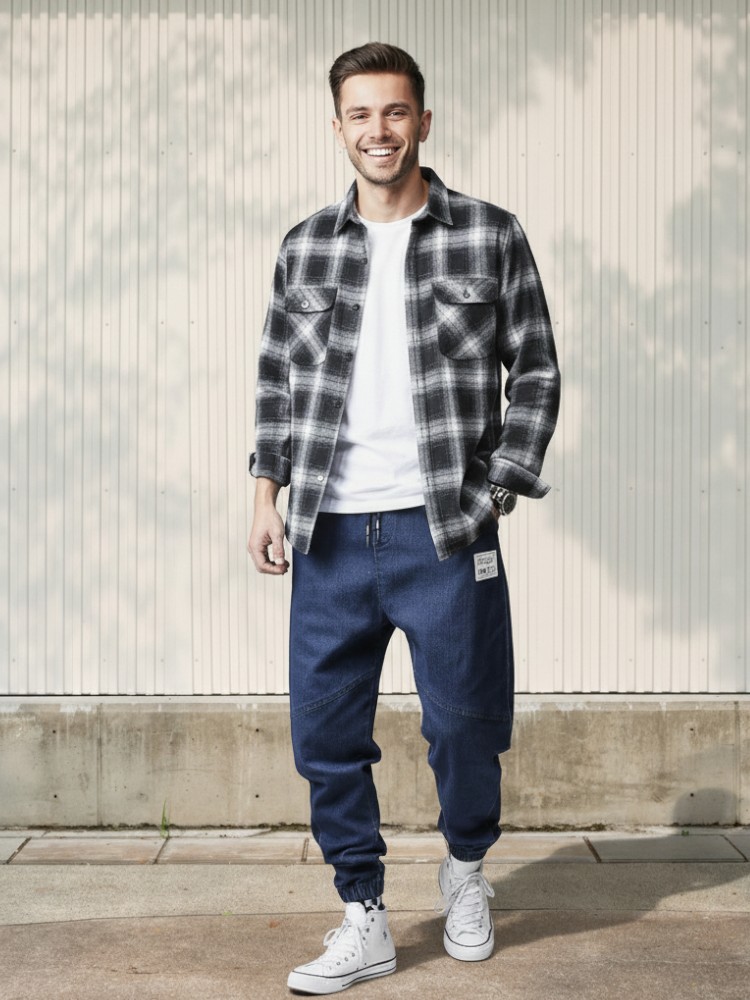 Jeune homme caucasien vêtu d'une chemise à carreaux, d'un t-shirt blanc et d'un jean taille élastique coupe jogger casual bleu foncé avec couture apparente et patch cousu sur la poche avant gauche, dans un lieu ensoleillé.