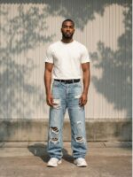 Jeune homme portant un t-shirt blanc, des sneakers et un jean baggy déchiré bleu avec coutures contrastées sur fond clair.