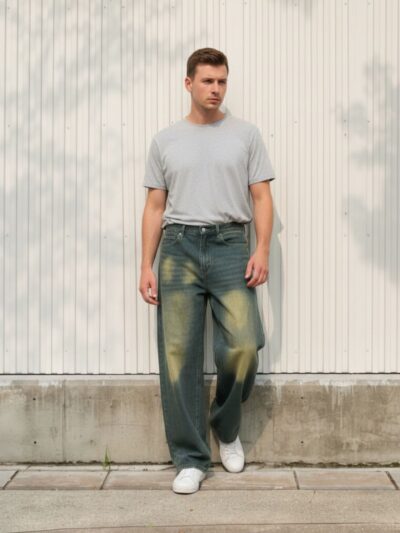 Jeune homme de type caucasien habillé d'un t-shirt blanc classique, d'une ceinture noire et d'un jean baggy gris effet délavé vintage dans un lieu éclairé et ensoleillé.