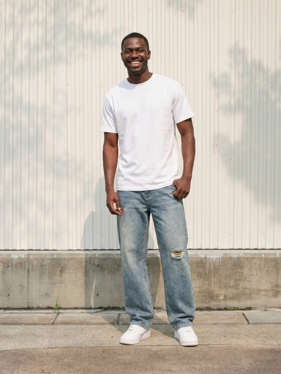 Homme portant un t-shirt blanc avec un jean bleu délavé déchiré, à coupe droite, sur fond beige