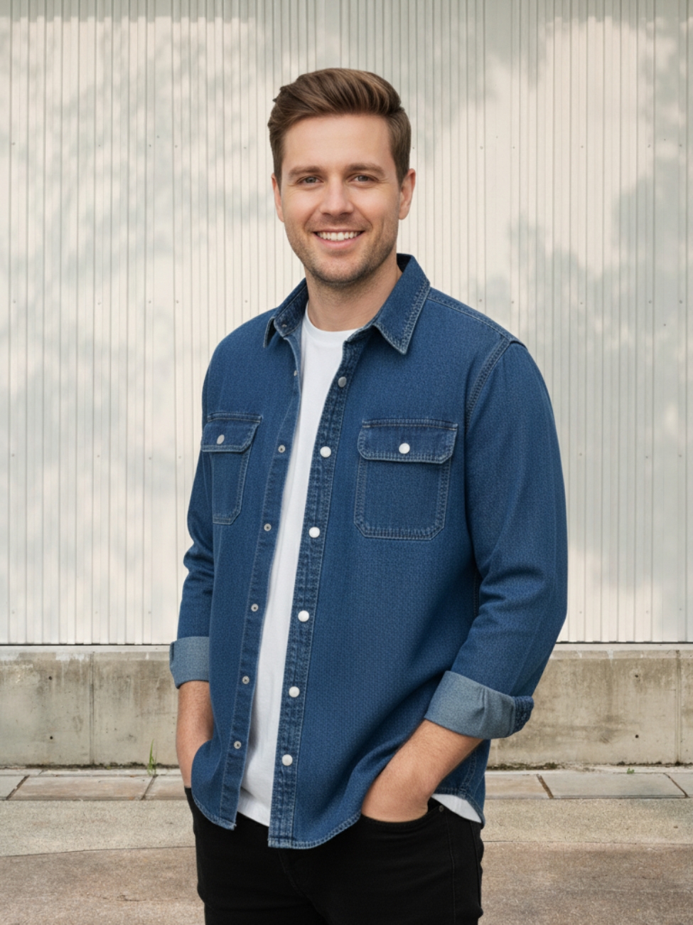 Homme portant un t-shirt blanc avec une chemise en jean bleu foncé, sur fond clair