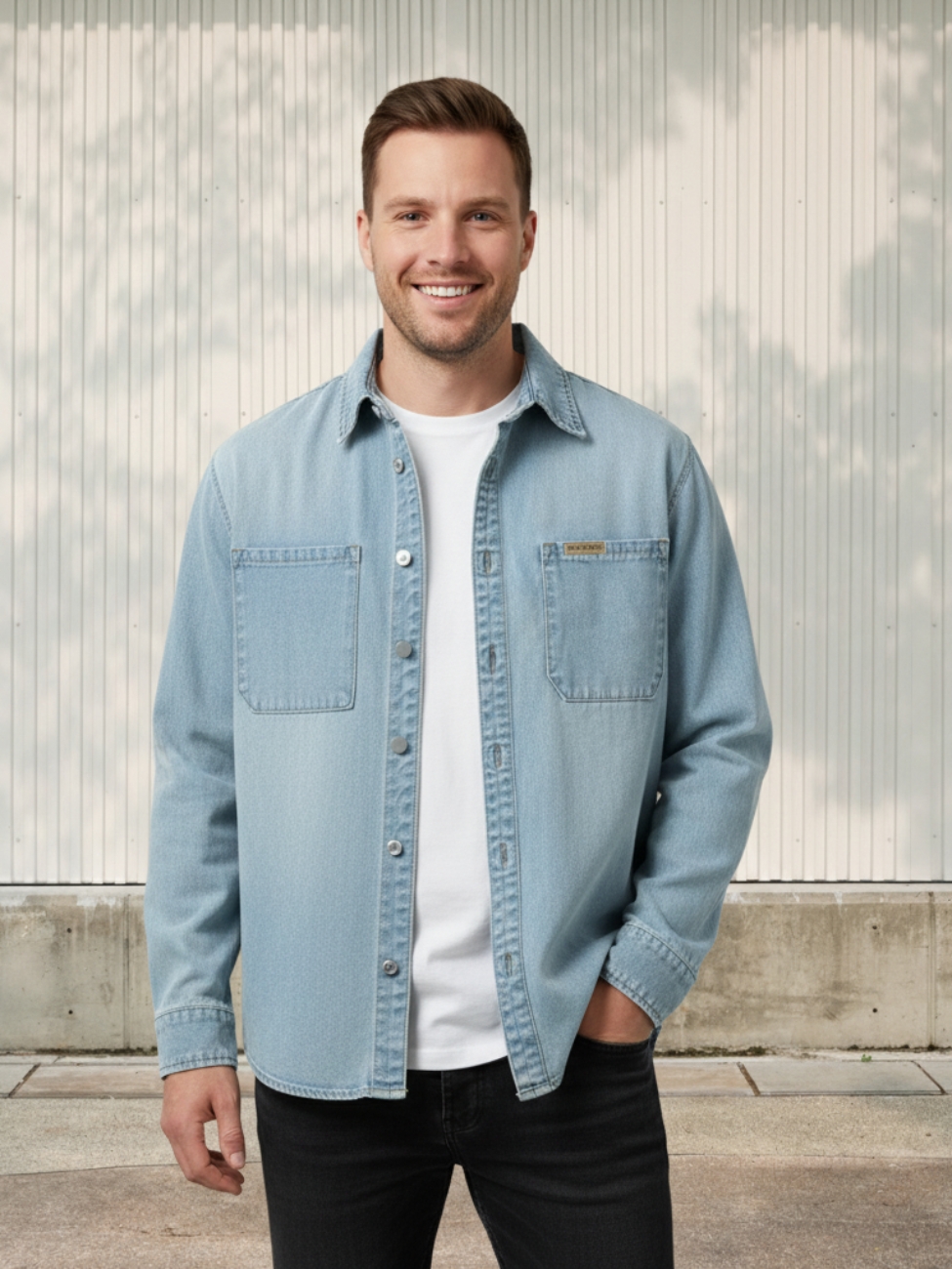 Homme portant un t-shirt blanc avec une chemise en jean délavé bleu clair, sur fond clair