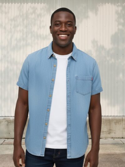 Homme portant un t-shirt blanc avec une chemise en jean bleu clair à manches courtes, sur fond clair