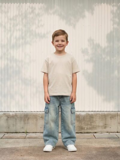 Petit garçon portant un t-shirt beige avec un jean baggy effet délavé vintage, sur fond clair