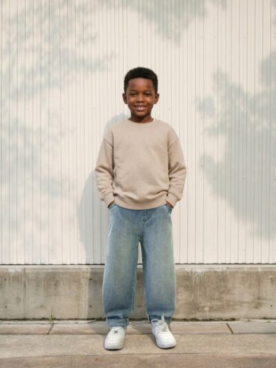 Petit garçon portant un jean baggy bleu avec un pull beige, sur fond clair