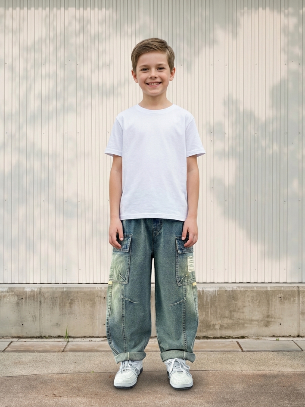 Petit garçon portant un jean baggy bleu délavé avec des poches cargo, sur fond clair