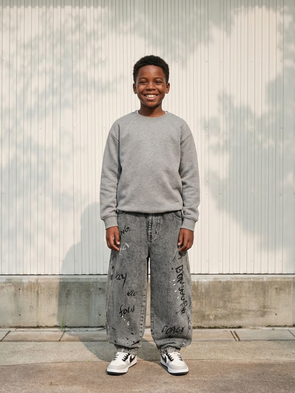 Petit garçon portant un sweatshirt gris