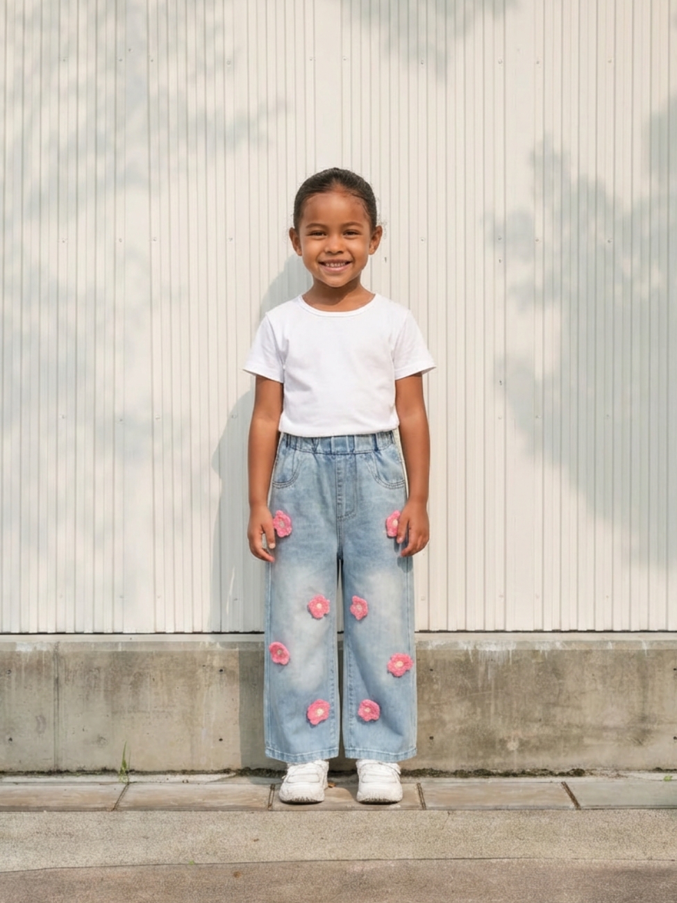 Petite fille portant un t-shirt blanc avec un jean bleu ciel à fleurs roses, sur fond clair