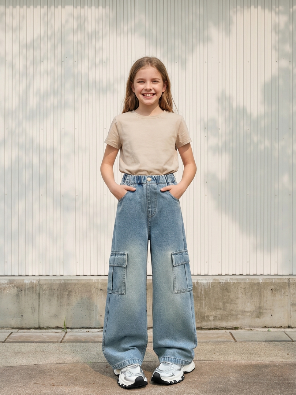 Petite fille portant un t-shirt beige avec un jean cargo bleu clair délavé, sur fond clair