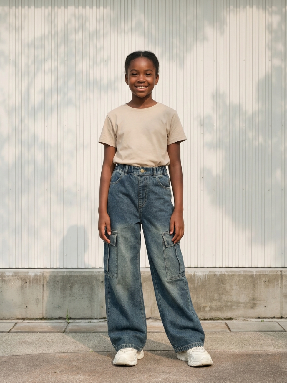 Petite fille portant un t-shirt beige avec un jean cargo bleu délavé d'inspiration vintage, sur fond clair